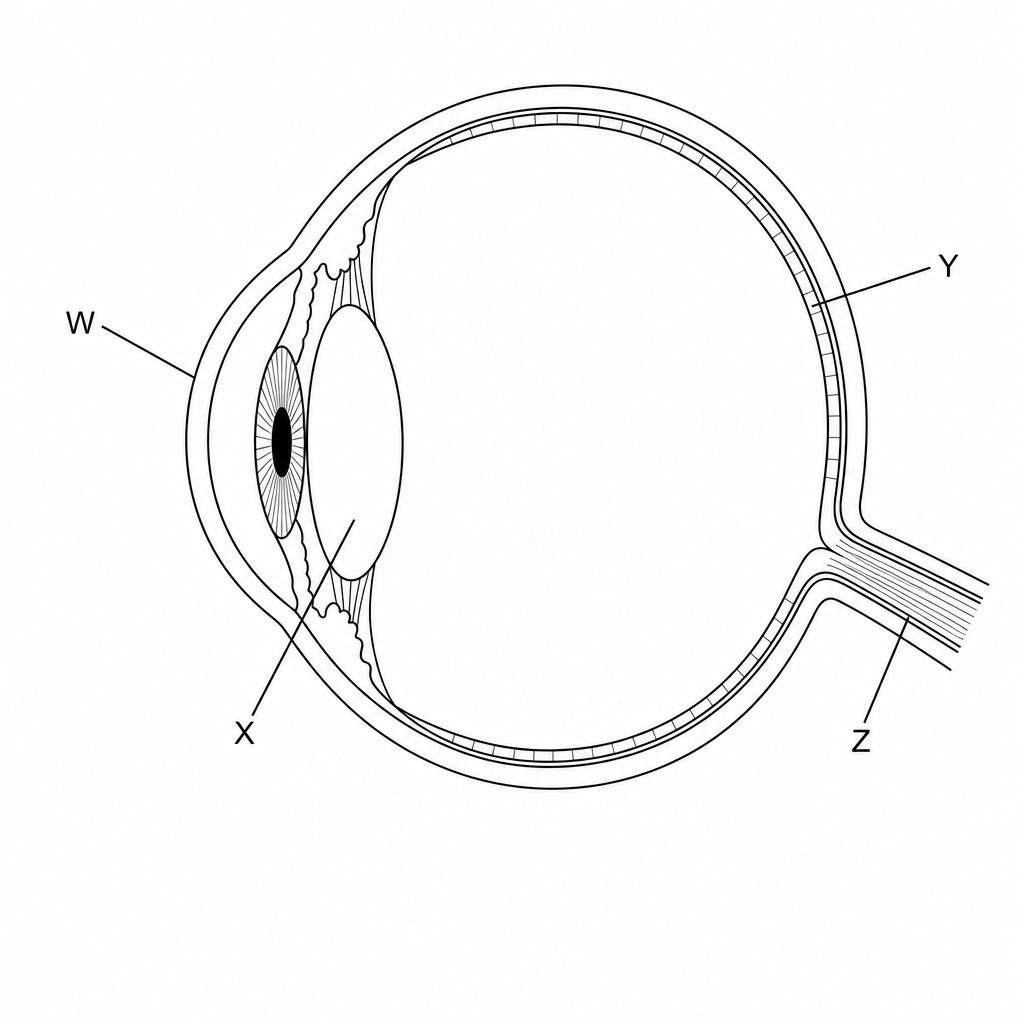 Anatomy of the human eye showing structures W, X, Y, and Z