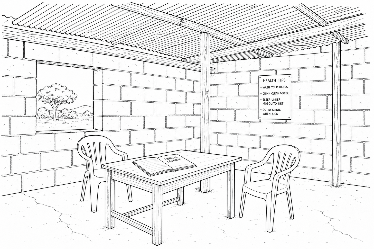 Fig. 3: A photograph showing the interior of a rural health clinic in Malawi, East Africa. The room has rough, unpainted concrete block walls, a corrugated iron sheet roof supported by raw wooden poles, a simple wooden table acting as a desk with a medical logbook, two blue plastic chairs, and a smooth concrete floor with small cracks. A single open window space without glass provides natural light, and there are no visible electrical wires, lightbulbs, or medical machines.
