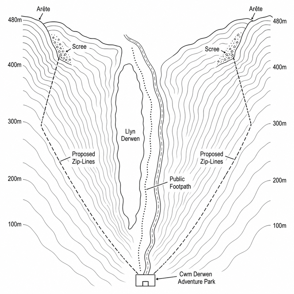 Topographic map of Cwm Derwen, a glaciated valley.