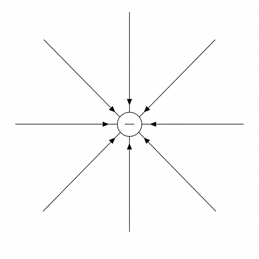 Figure 1: An isolated point charge at the center as a small circle. Several straight electric field lines radiate from the point charge, with directional arrows on these lines pointing inwards towards the central point charge.