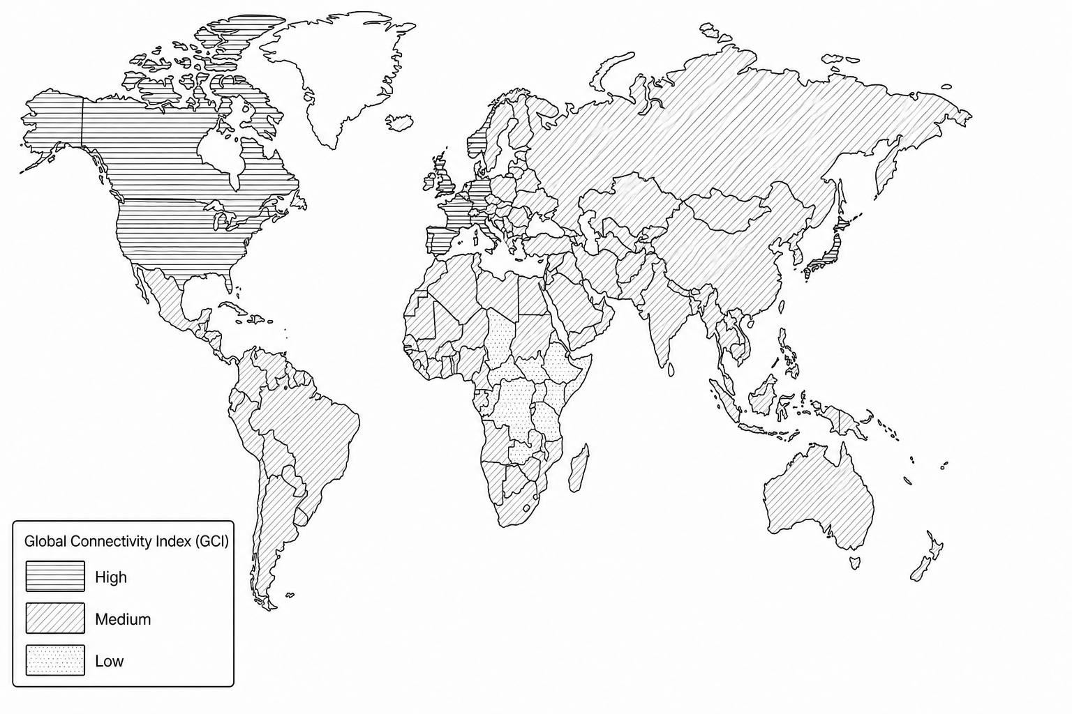 Figure 1: A world choropleth map showing levels of the Global Connectivity Index (GCI) in 2021. High connectivity regions (dark blue/purple) are concentrated in Western Europe (e.g., Germany, UK), North America (e.g., Canada, USA), and East Asia (e.g., Japan, Singapore). Low connectivity regions (light yellow) are predominantly located in Central and East Africa (e.g., Chad, South Sudan, Democratic Republic of the Congo). Moderate connectivity regions (green/orange) include South America (e.g., Brazil) and South Asia (e.g., India).