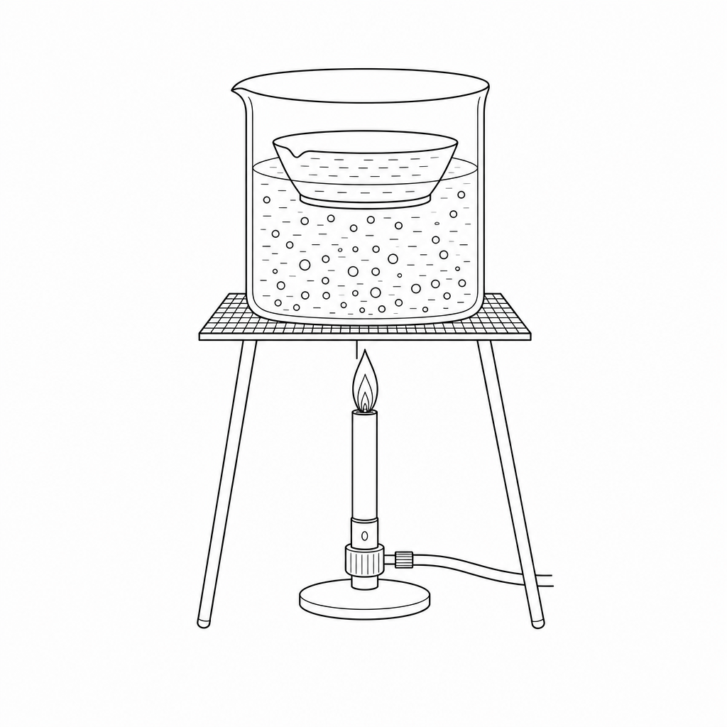 A crystallization setup with an evaporating basin on a water bath heated by a Bunsen burner