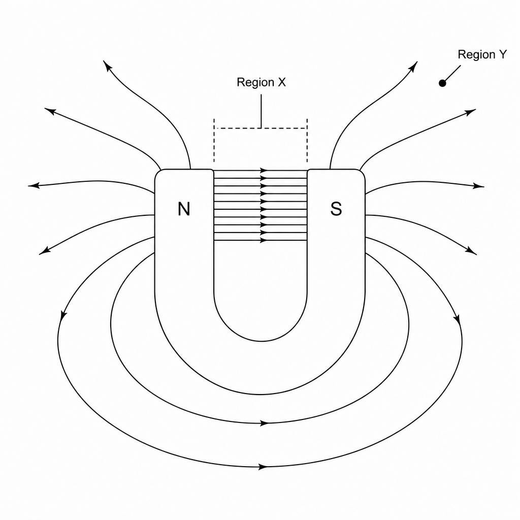 Figure 1: Magnetic field lines around a horseshoe magnet with Region X in the gap between the poles and Region Y far outside.