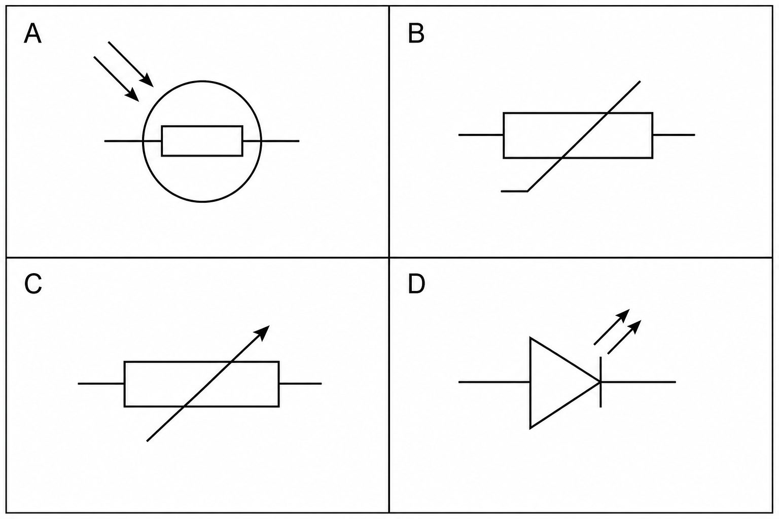 Circuit symbols labeled A, B, C, and D