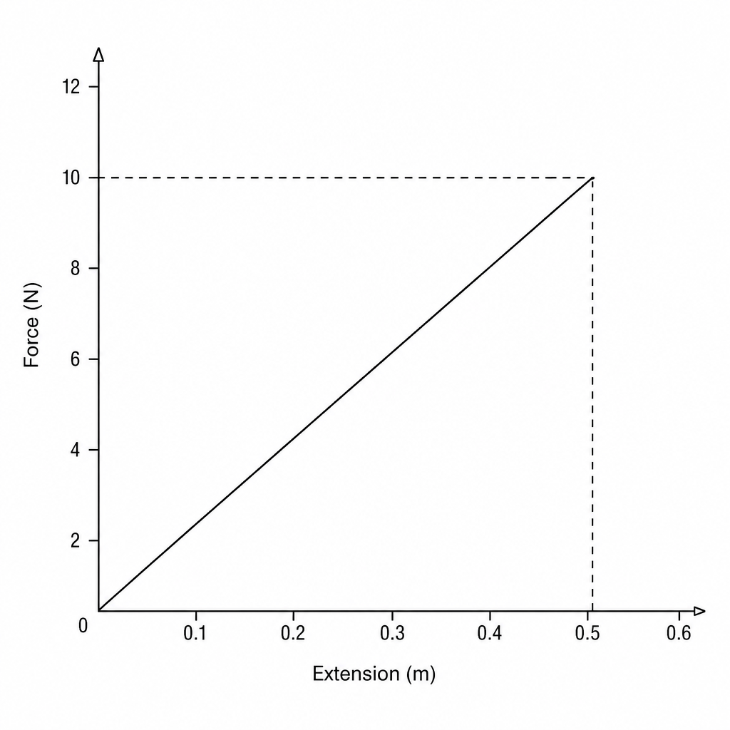 A straight-line force-extension graph starting at the origin (0, 0) and passing through an extension of 0.50 m at a force of 10.0 N. The vertical y-axis is labeled 'Force (N)' and the horizontal x-axis is labeled 'Extension (m)'.