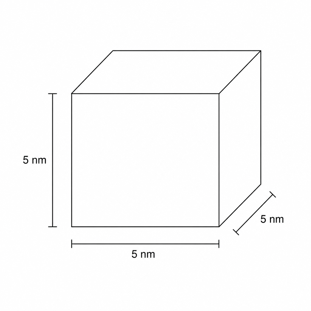 A 3D line drawing of a cube representing a nanoparticle. Labels on the edges indicate a width of 5 nm, a depth of 5 nm, and a height of 5 nm.