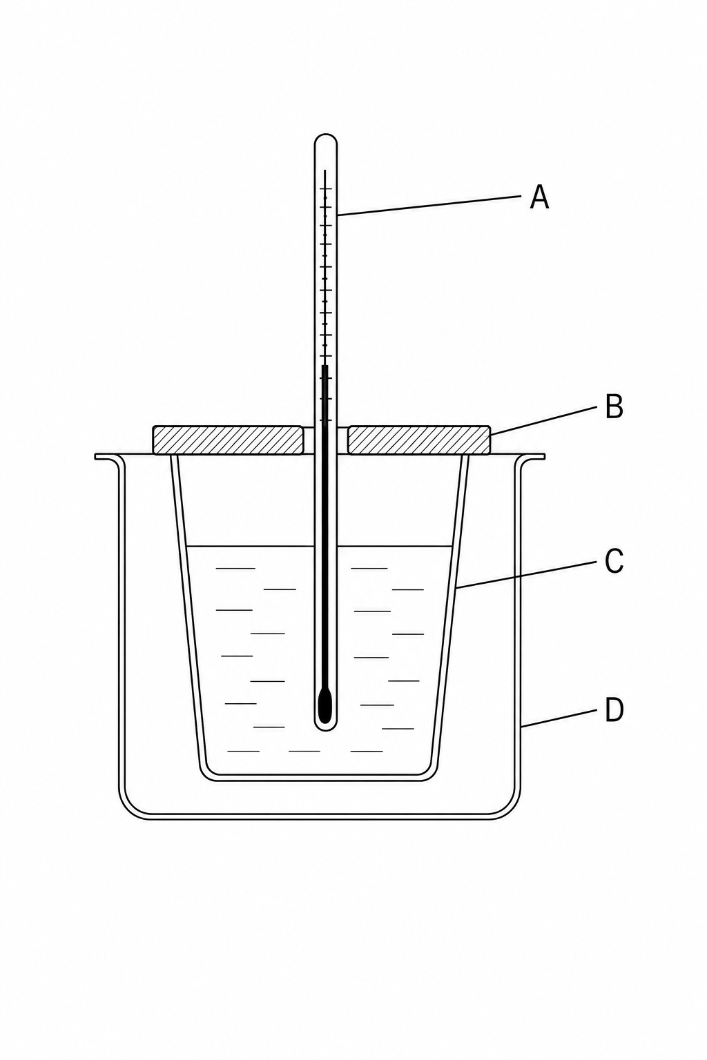 Diagram of a simple calorimeter setup used to measure temperature changes in a chemical reaction. A thermometer (labelled A) passes through a plastic lid (labelled B) into a reaction mixture. The reaction mixture is contained inside an inner cup (labelled C), which sits inside a protective glass beaker (labelled D) used for stability.