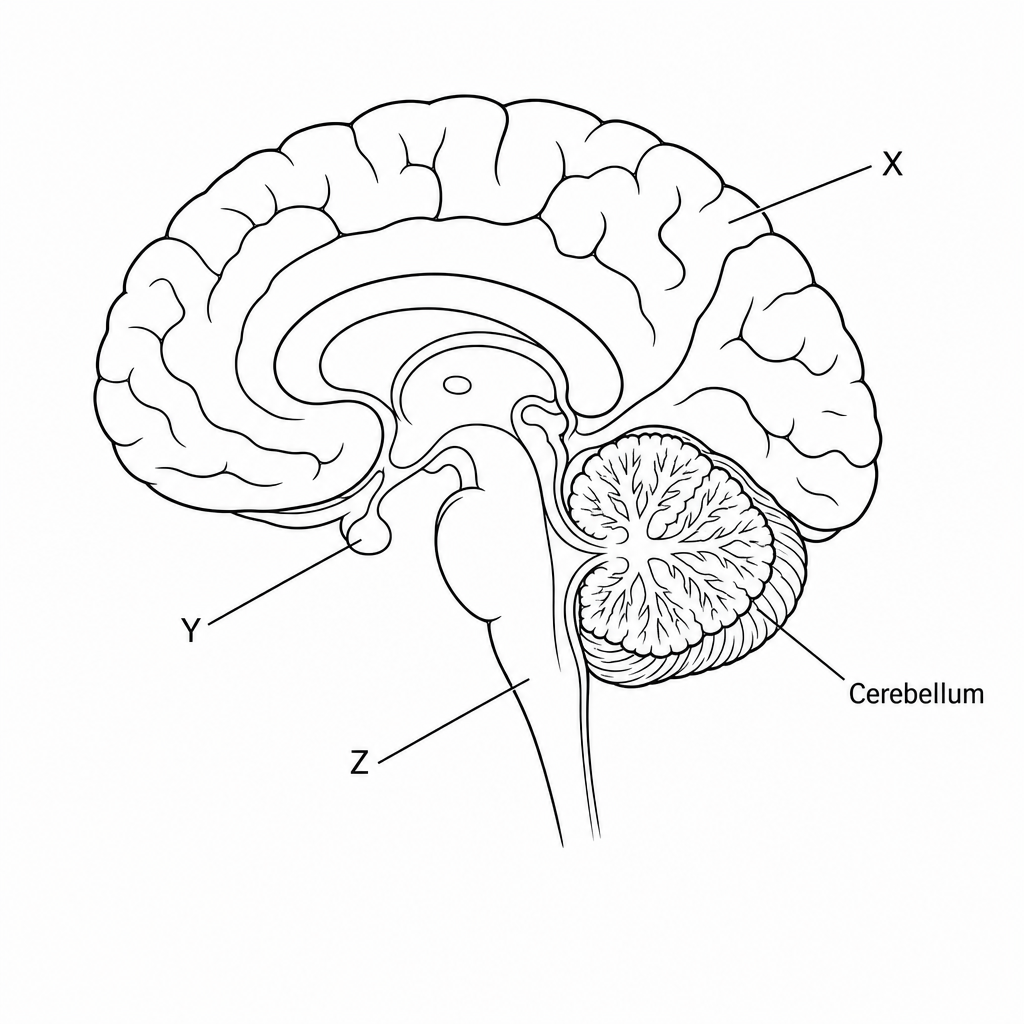 Diagram of a sagittal section of the human brain. The outer highly folded region at the top is label X. A small bulbous gland at the lower-middle-front of the brain is labeled Y. The brainstem region below the cerebrum is labeled Z. The detailed, leaf-patterned structure at the lower-back of the brain is labeled Cerebellum.