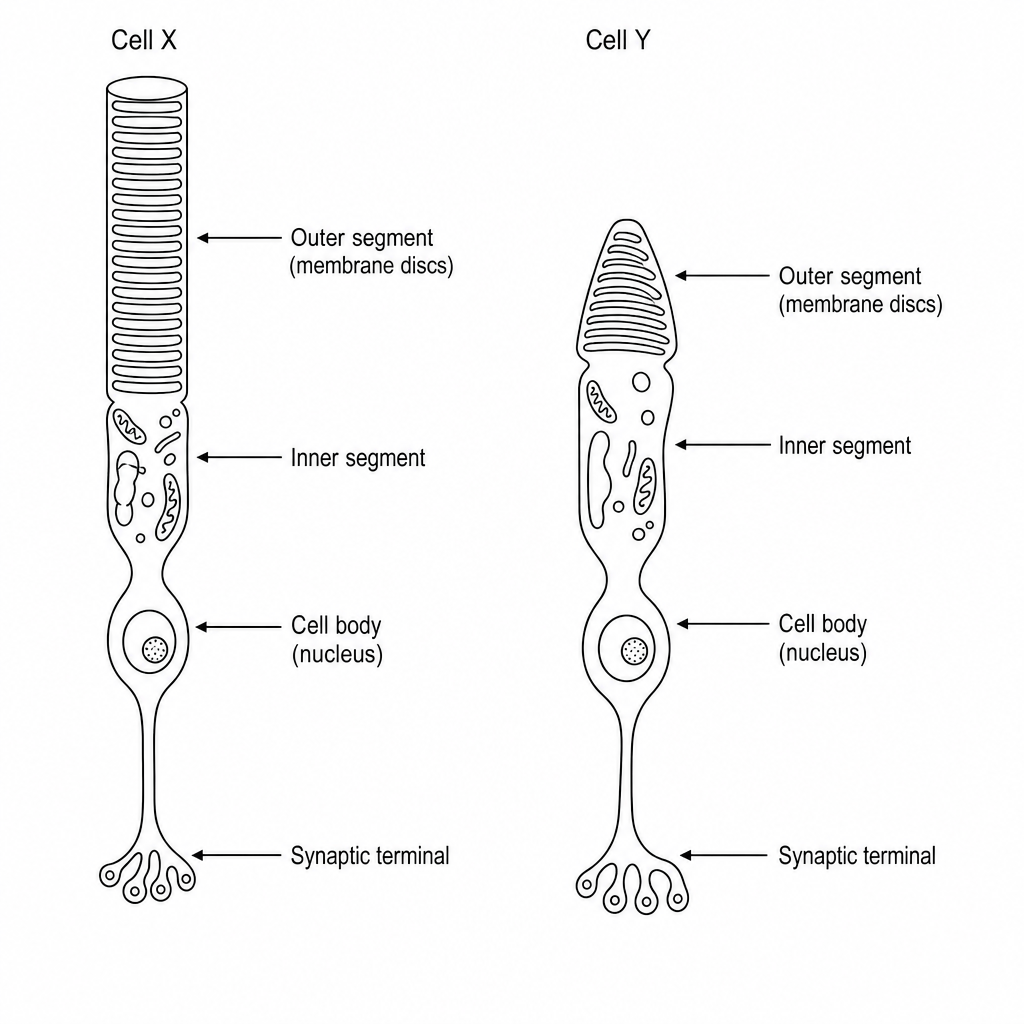 Diagram showing two types of photoreceptors in the human retina: Cell X, which has a long, cylindrical outer segment, and Cell Y, which has a shorter, conical outer segment.