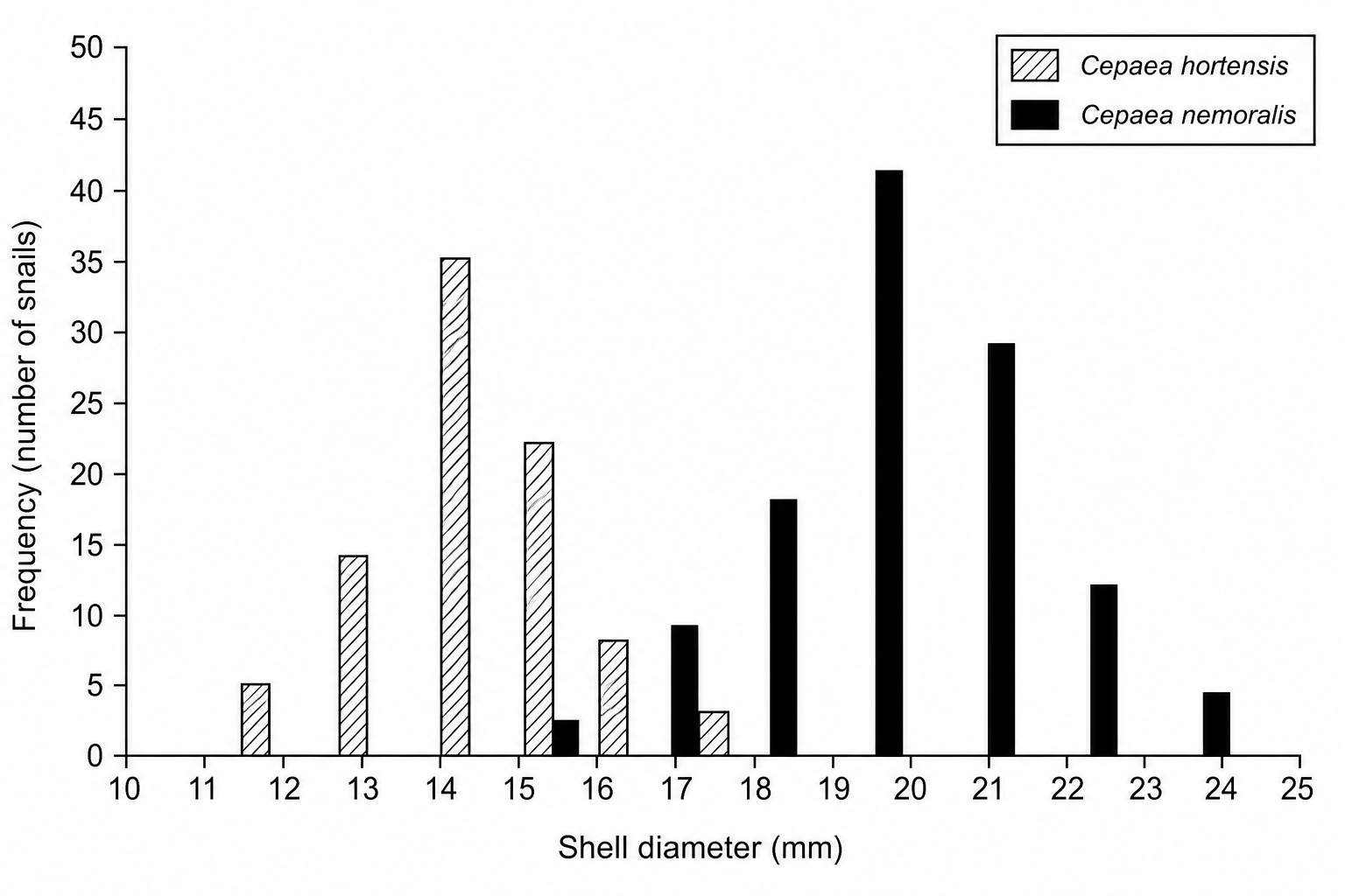 A scientific bar chart showing the frequency distribution of shell diameters for two land snail species: Cepaea hortensis (patterned bars) and Cepaea nemoralis (solid bars).
