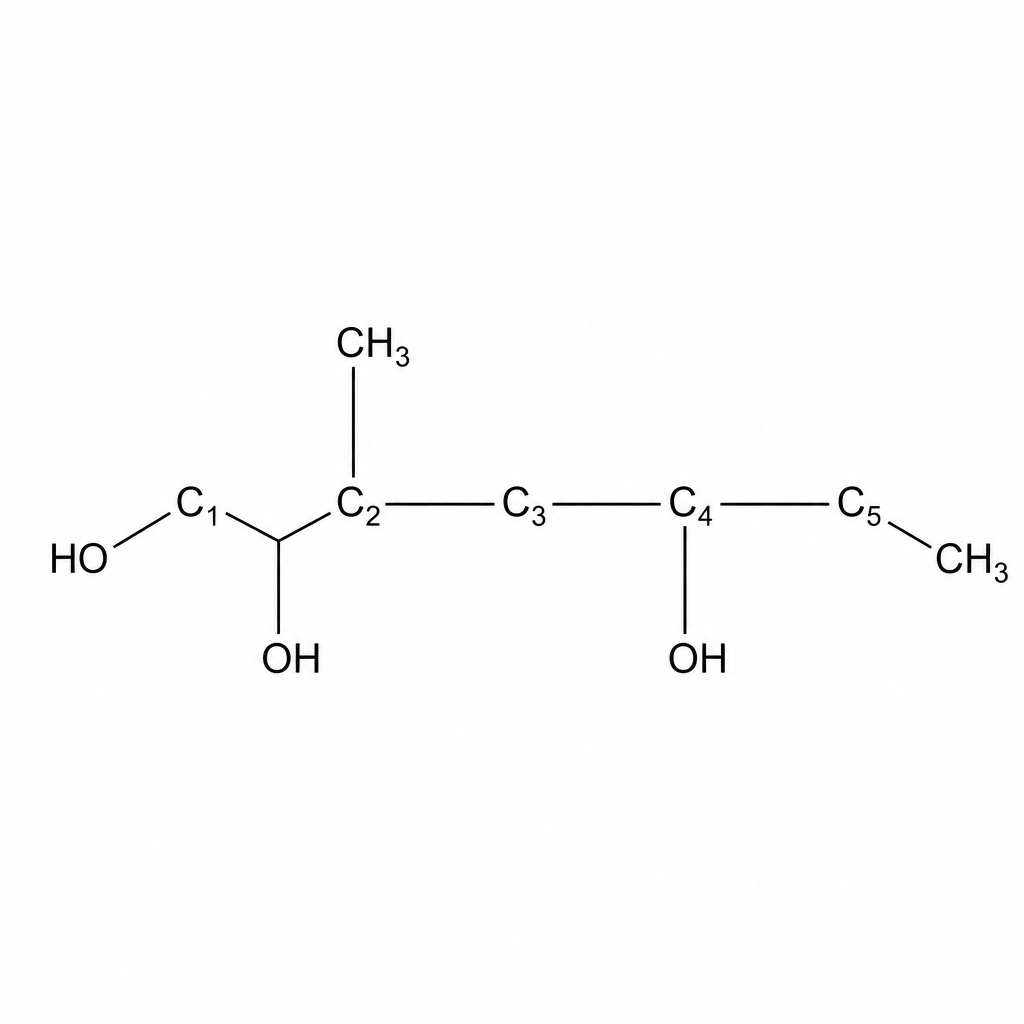 Skeletal structure of Compound E: a five-carbon chain (pentane-1,2,4-triol derivative). Carbon-1 has a hydroxyl group (-OH) attached, making it a primary alcohol. Carbon-2 has a methyl group (-CH3) and a hydroxyl group (-OH) attached, making it a tertiary alcohol. Carbon-4 has a hydroxyl group (-OH) attached, making it a secondary alcohol. Thus, Compound E is 2-methylpentane-1,2,4-triol.