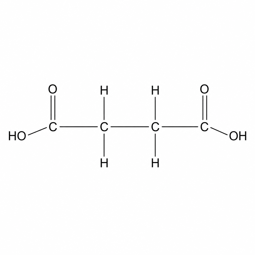 Butanedioic acid structure: A chain of four carbon atoms. The two outer carbon atoms are part of carboxylic acid groups (COOH), and the two inner carbons are CH2 groups, forming HOOC-CH2-CH2-COOH.