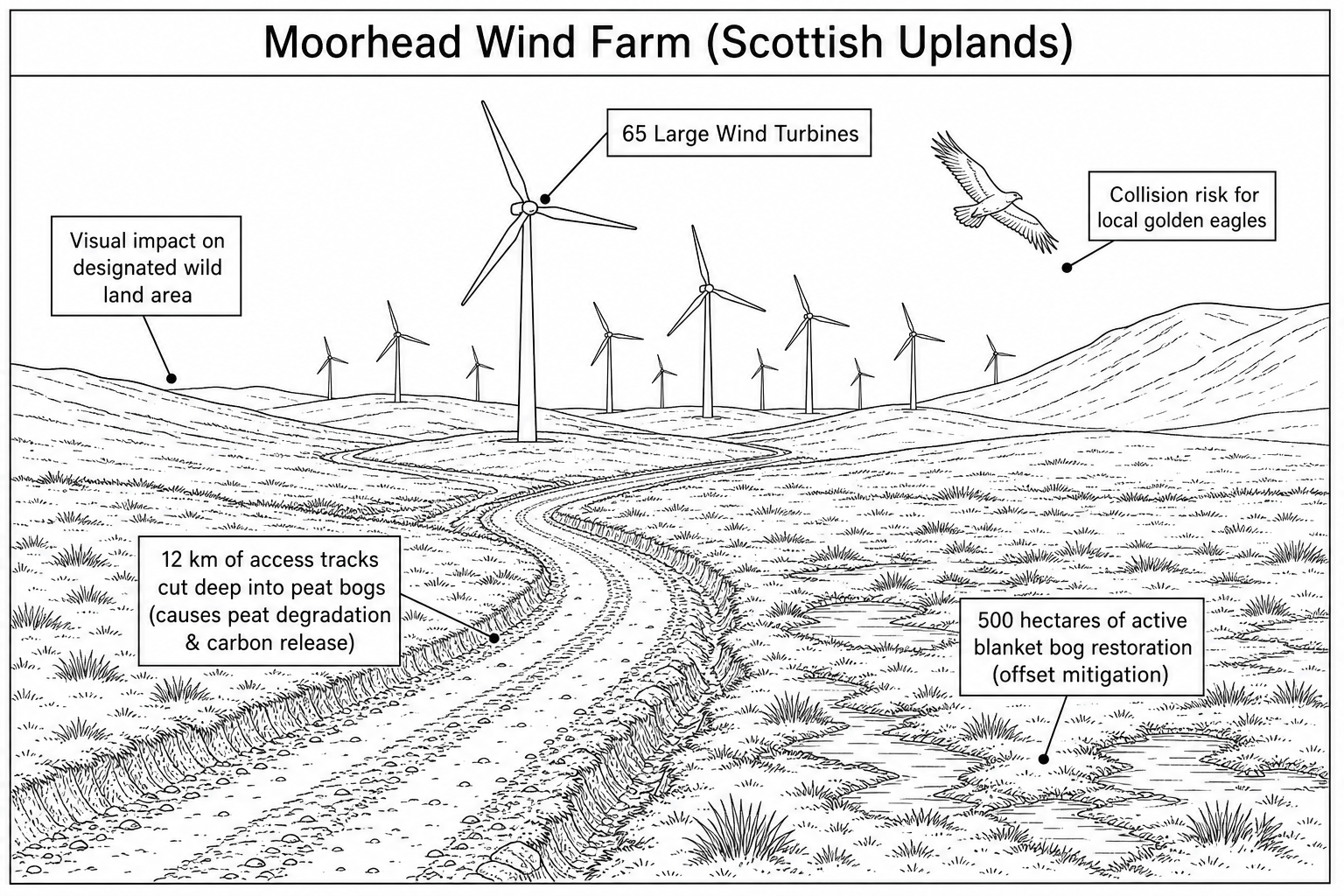 Fact file for Moorhead Wind Farm. It consists of 65 large wind turbines. Key impacts listed: 12 km of wide access tracks cut deep into peat bogs, causing peat degradation and releasing stored carbon; significant visual changes to a designated wild land area; ongoing collision risk for local golden eagles; 500 hectares of active blanket bog restoration implemented as a planning condition to offset damage.