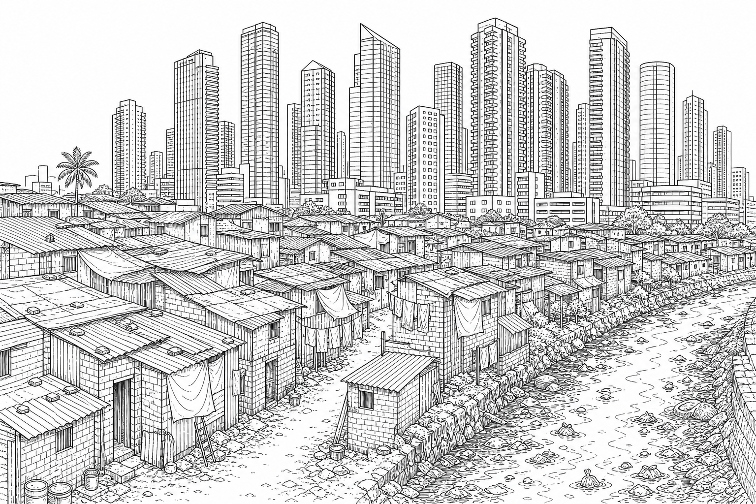 Fig. 1a: An illustration of a city landscape in Mumbai, India. In the foreground, dense, low-rise informal housing constructed with makeshift materials lines an open water channel. In the background, modern glass-and-steel skyscrapers rise sharply behind the settlement.