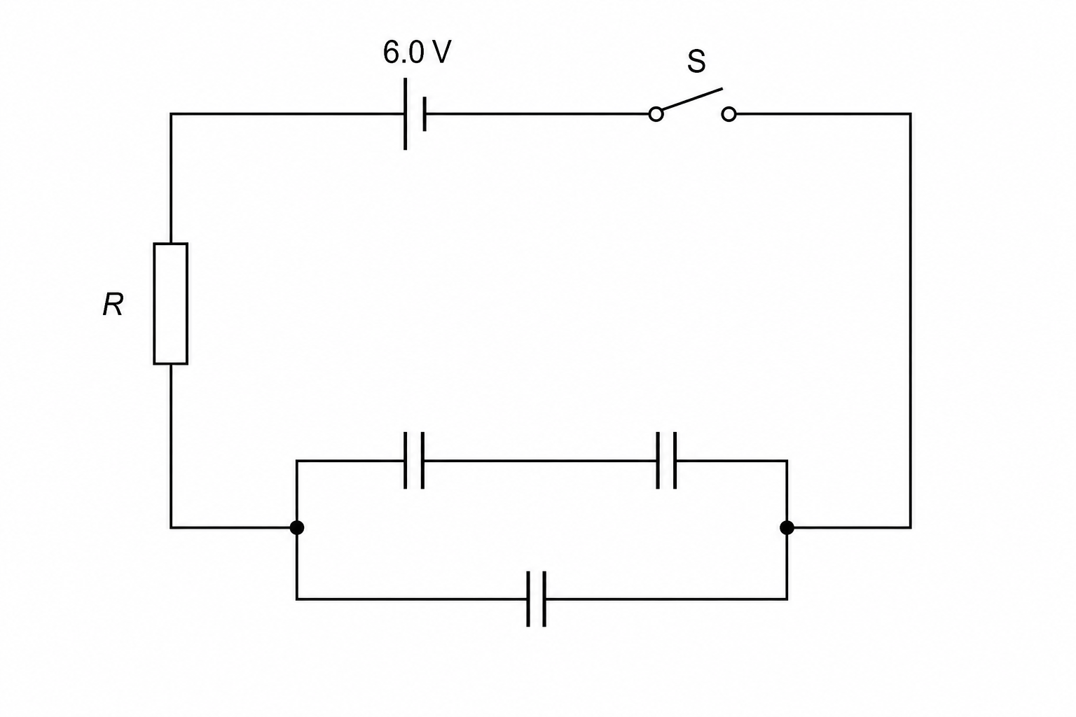 A circuit diagram with a resistor, cell, and capacitor network