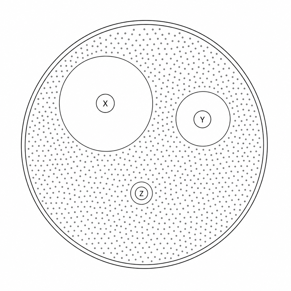 A Petri dish containing nutrient agar seeded with a bacterium. Three paper discs containing different antibiotics, labeled X, Y, and Z, are placed on the agar. Around X, there is a very large clear circular zone (zone of inhibition). Around Y, there is a medium-sized clear circular zone. Around Z, there is a very small clear circular zone. The rest of the agar plate is shaded grey to represent bacterial growth.