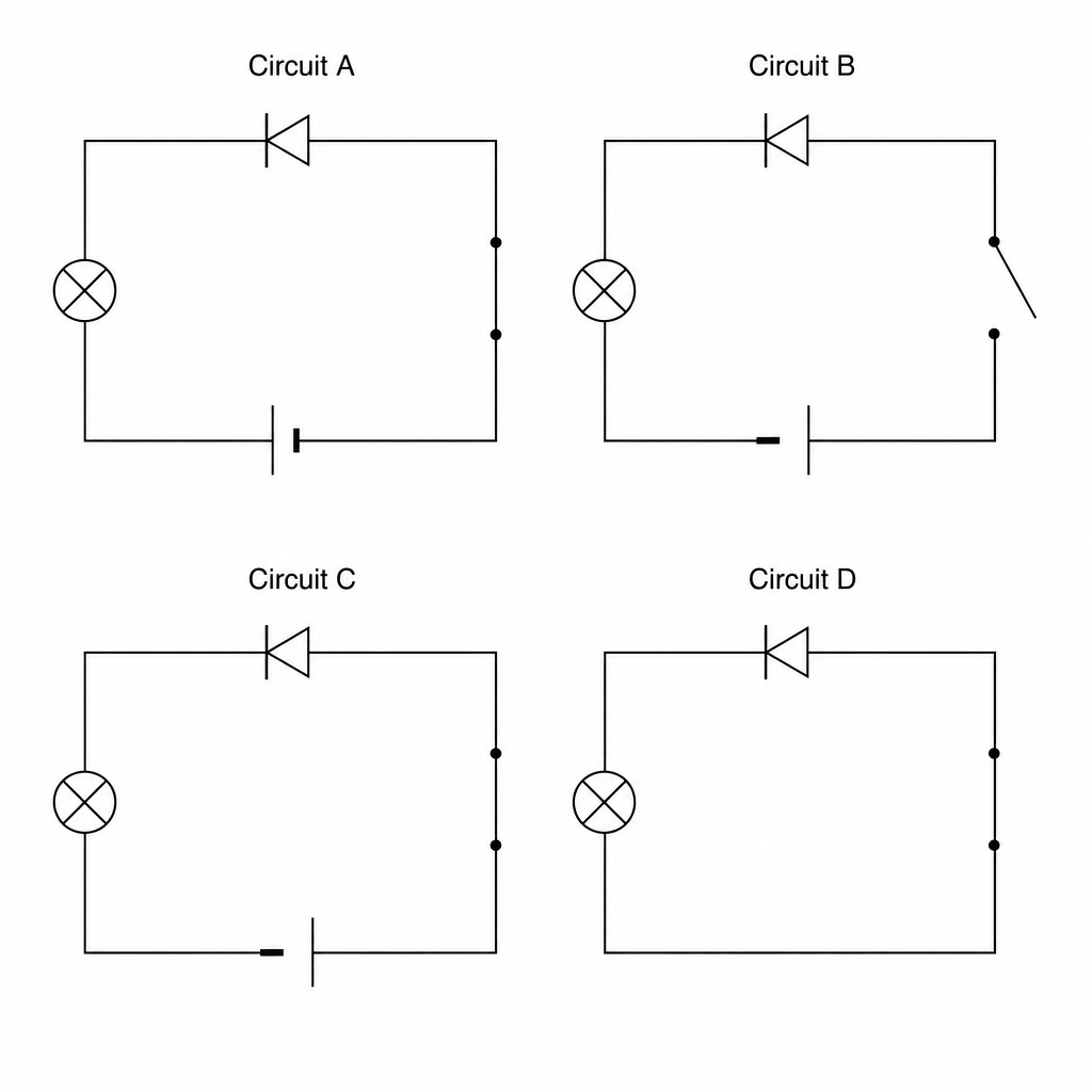 Four electrical circuit schematics labeled Circuit A, Circuit B, Circuit C, and Circuit D.