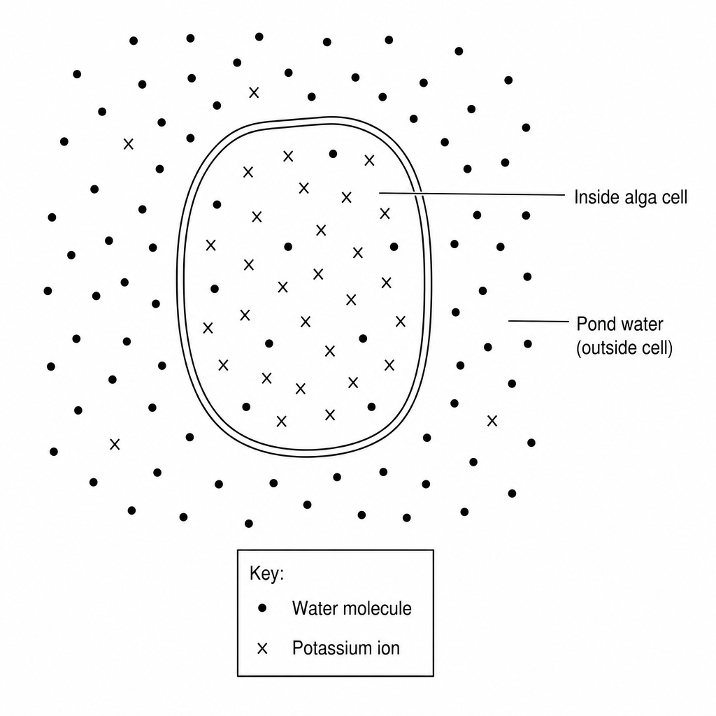 A diagram showing a single-celled freshwater alga in pond water. The diagram shows a high concentration of water molecules (represented by black dots) outside the cell in the pond water, and a lower concentration of water molecules inside the cell. It also shows a very low concentration of potassium ions (represented by crosses) in the pond water, and a much higher concentration of potassium ions inside the alga cell. A key explains that dots represent water molecules and crosses represent potassium ions.