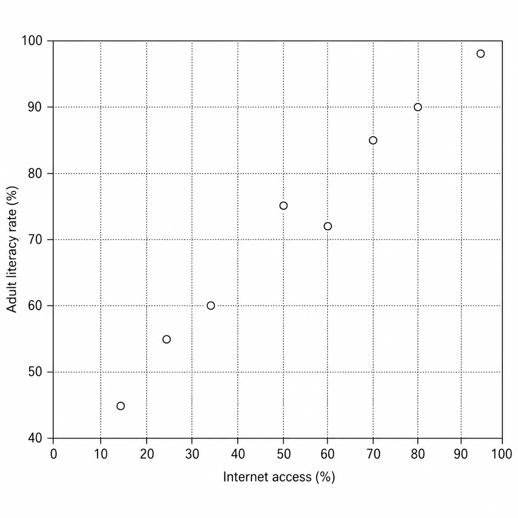 Scatter plot showing the relationship between percentage of population with internet access (X-axis, from 0 to 100% with major gridlines every 10%) and Adult literacy rate (Y-axis, from 40% to 100% with major gridlines every 10%). Already plotted points are: (15, 45), (25, 55), (35, 60), (50, 75), (60, 72), (70, 85), (80, 90), (95, 98).