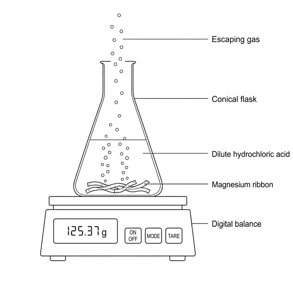 Experimental setup showing reaction of magnesium ribbon and hydrochloric acid in an open flask on a digital balance