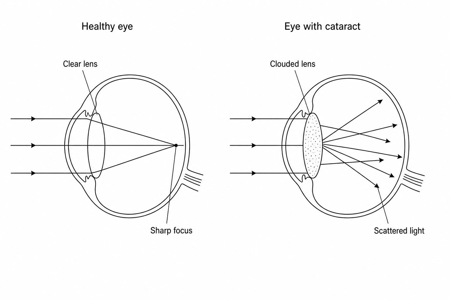A diagram comparing the path of light in two eyes. In the healthy eye, the lens is clear, and parallel incoming light rays are refracted to focus sharply on a single point on the retina. In the eye with a cataract, the lens is shaded grey and labelled 'clouded lens'; parallel incoming light rays strike this lens and are scattered in multiple discordant directions, failing to focus on a single point on the retina.