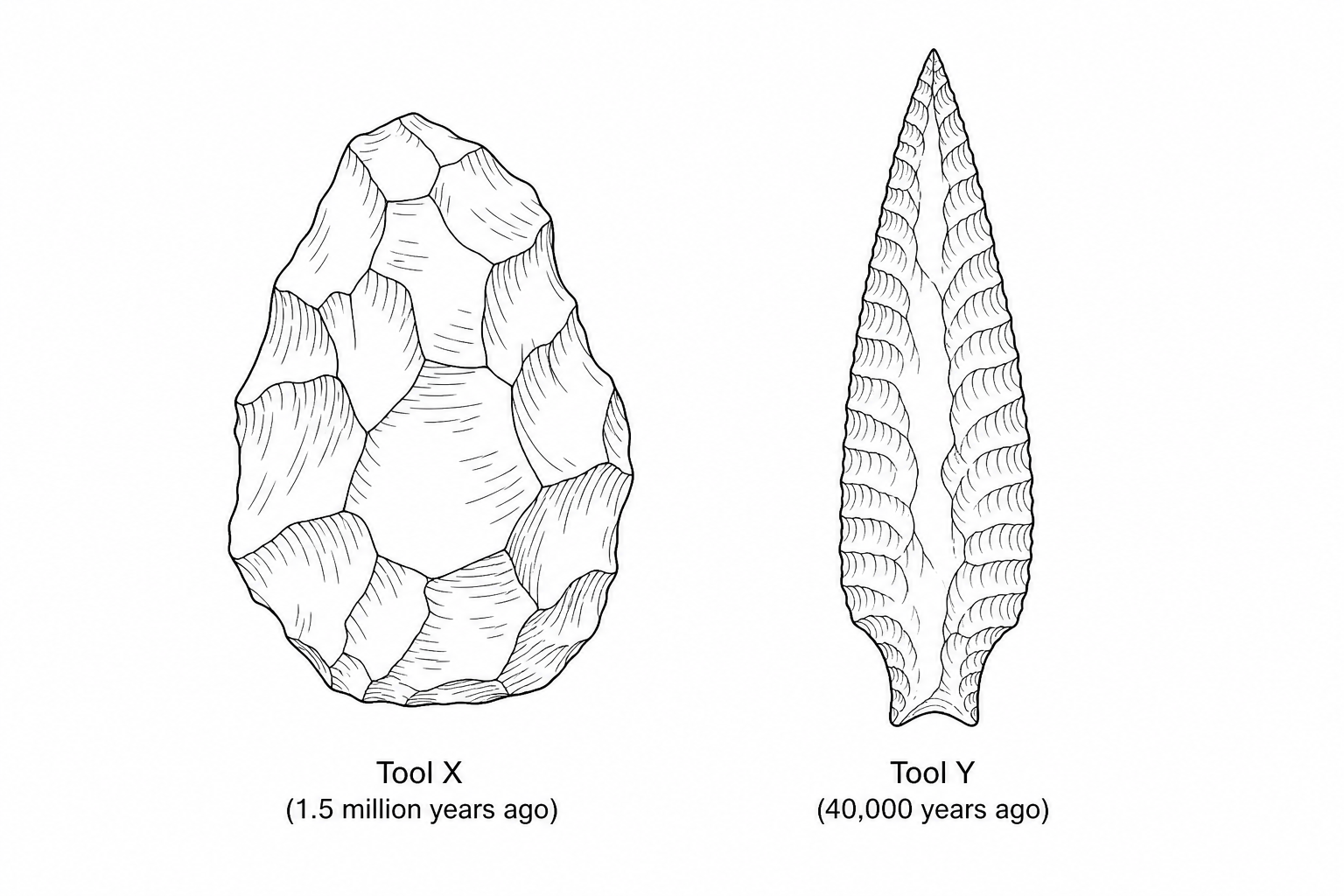 Two different stone tools discovered in different archaeological sediment layers. Tool X is a primitive stone tool from 1.5 million years ago, showing minimal flaking with large, coarse chips removed to form a basic, uneven scraping edge. Tool Y is a sophisticated flint tool from 40,000 years ago, showing highly refined, delicate pressure-flaking along both sides to create a thin, symmetrical, and sharp spearhead.