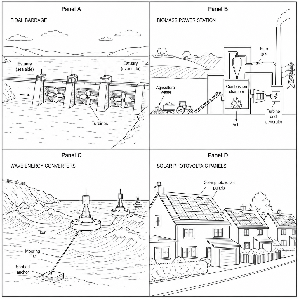 Figure 4: Four methods of renewable energy generation. Panel A: A tidal barrage built across a wide river estuary. Panel B: A biomass power station processing agricultural waste. Panel C: Wave energy ocean buoys floating off a rugged coastline. Panel D: Solar photovoltaic panels installed on the roofs of suburban residential homes.