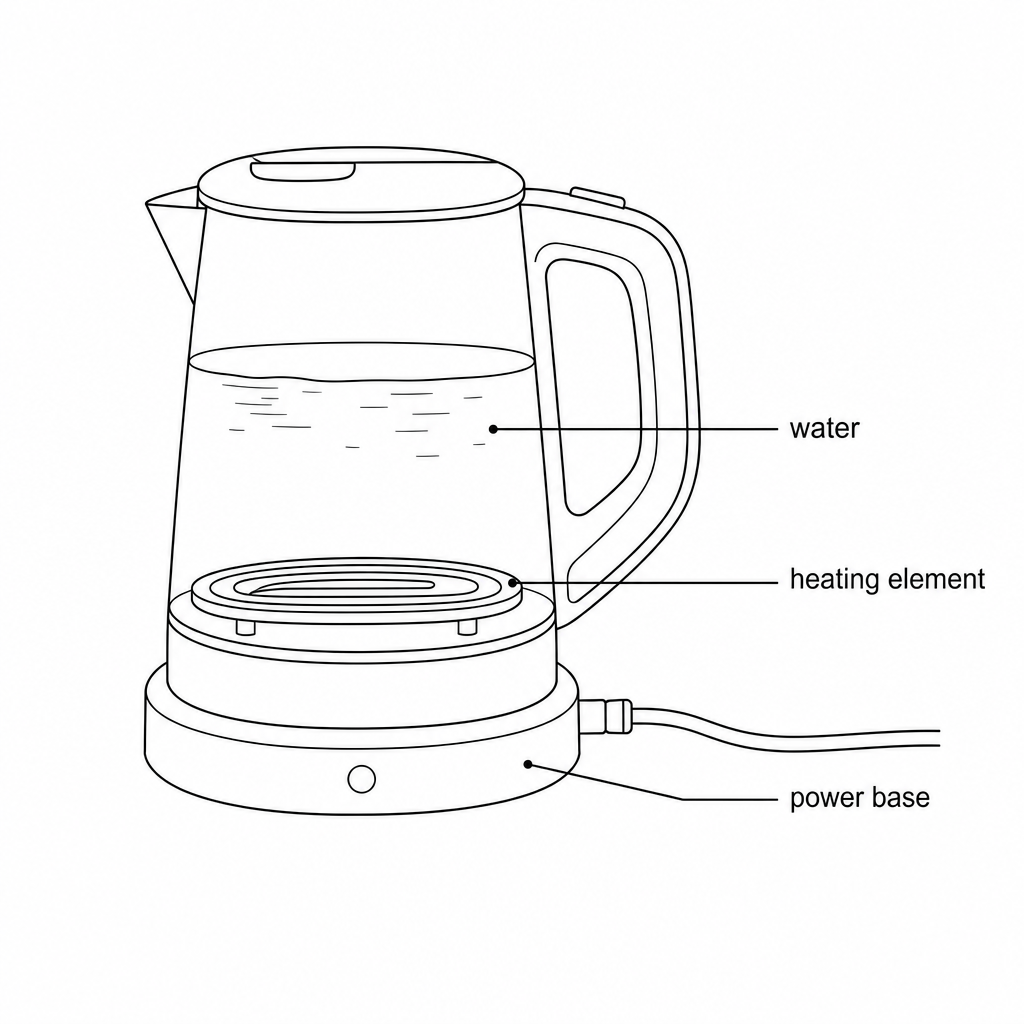 An illustration of a compact travel kettle sitting on a power base, plugged into a mains socket. Inside the kettle, the water level is indicated, with the heating element located at the base of the chamber.