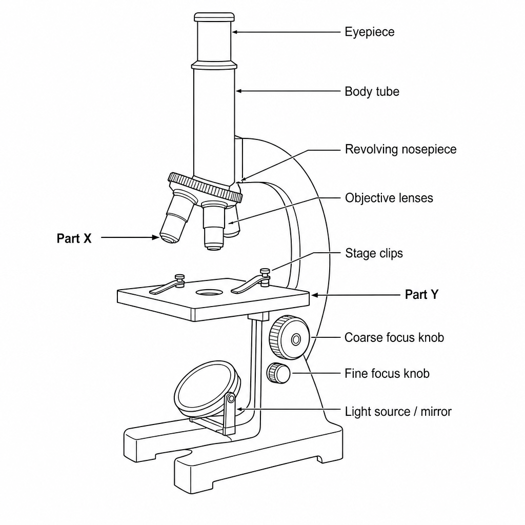 A simplified schematic of a light microscope with labeling arrows. Part X points directly to an objective lens on the revolving nosepiece. Part Y points to the stage.