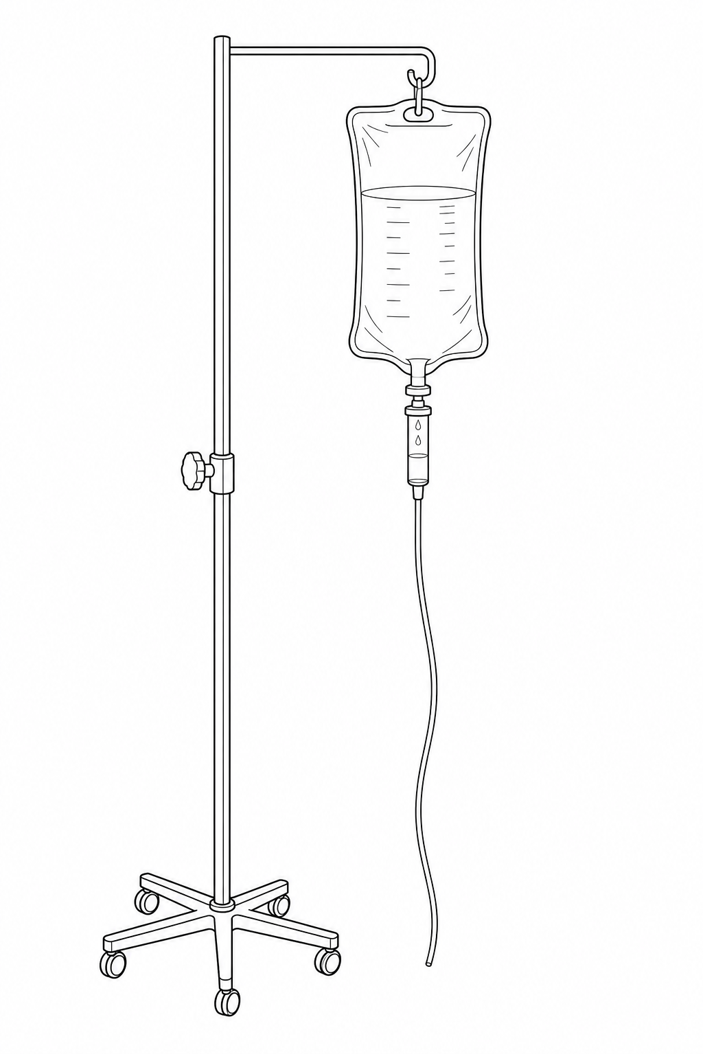 Figure 1: A medical intravenous (IV) drip bag filled with saline solution, hanging from a metal IV stand.