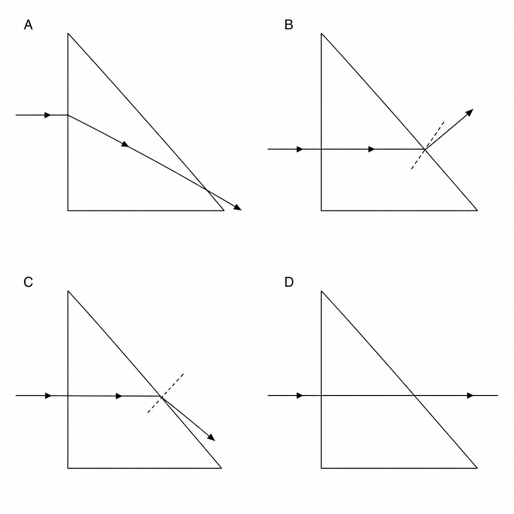 Light ray paths through a right-angled prism