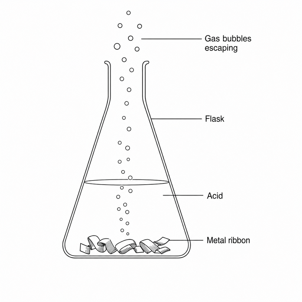 Figure 1: Reaction setup showing an open conical flask containing acid and metal ribbon, with gas bubbles escaping.