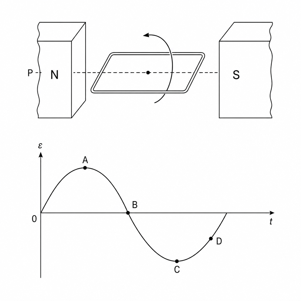 A model generator with a horizontal coil rotating counter-clockwise, and a graph of induced EMF against time.