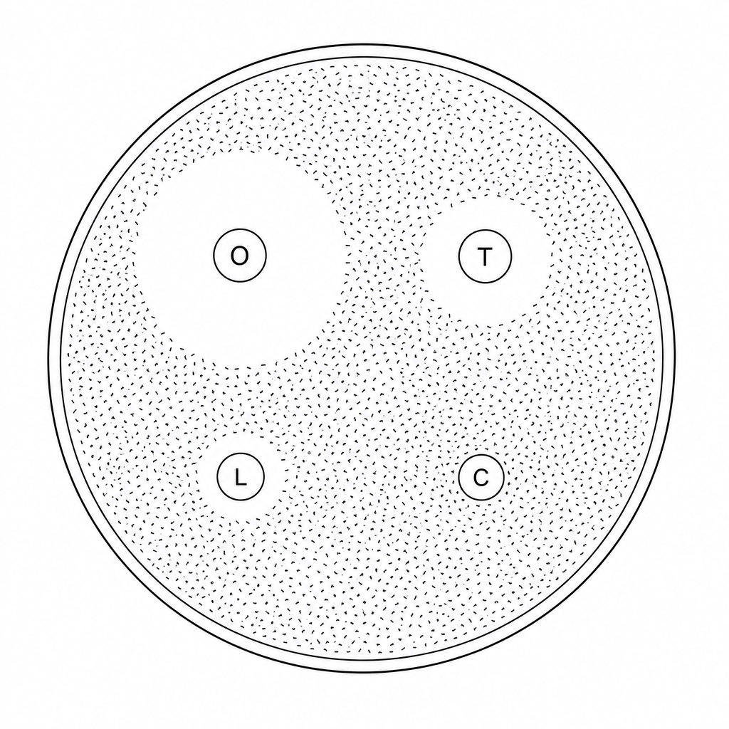 The final appearance of the agar plate showing four paper discs labeled O (Oregano oil), T (Tea Tree oil), L (Lemongrass oil), and C (Control) with clear zones of inhibition around O, T, and L, and no zone around C.