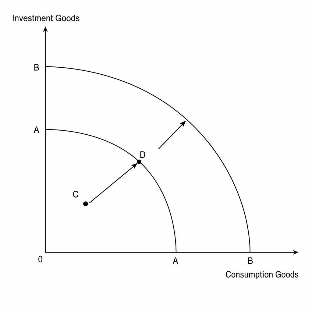 Fig. 1: Production possibility frontier (PPF) diagram showing short-run and long-run growth