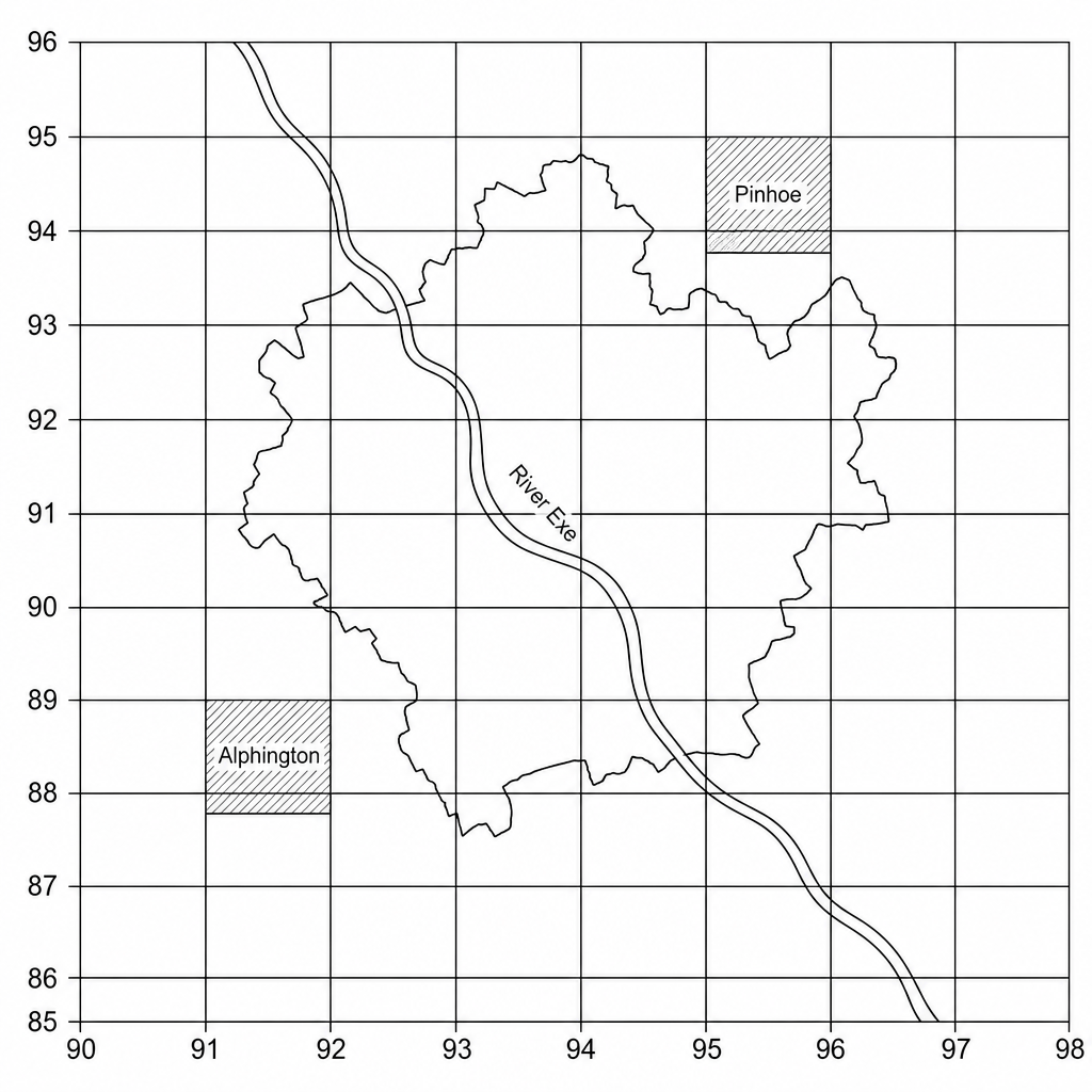 Ordnance Survey (OS) map extract of Exeter. The map features the city boundary and surrounding commuter settlements. The grid system shows Eastings from 90 to 98 and Northings from 85 to 96. In grid square 9188, a built-up residential suburb in the south-west of the city is clearly labelled as 'Alphington'. In grid square 9594, a modern expansion suburb in the north-east is labelled as 'Pinhoe'.