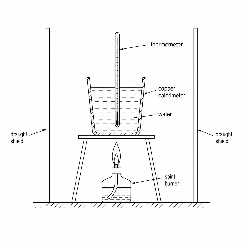 Diagram of a calorimetry experimental setup showing a copper calorimeter filled with water, suspended by a clamp above a spirit burner containing liquid fuel. A thermometer is placed inside the water, and draught shields are positioned on either side of the setup.