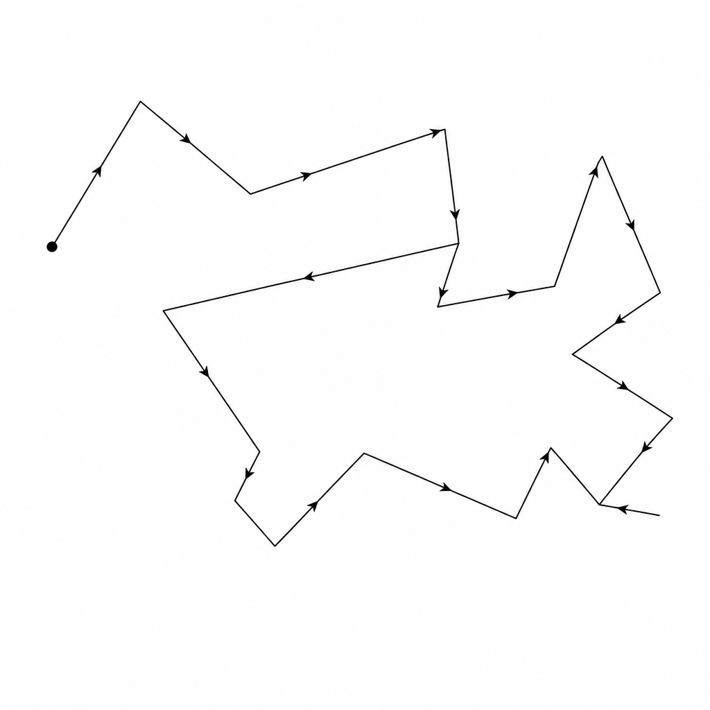 A diagram showing the random, zig-zag path of a tiny smoke particle suspended in air. The path is made of straight-line segments with sharp changes in direction and arrowheads indicating the direction of movement of the particle. The overall motion is highly erratic and unpredictable.