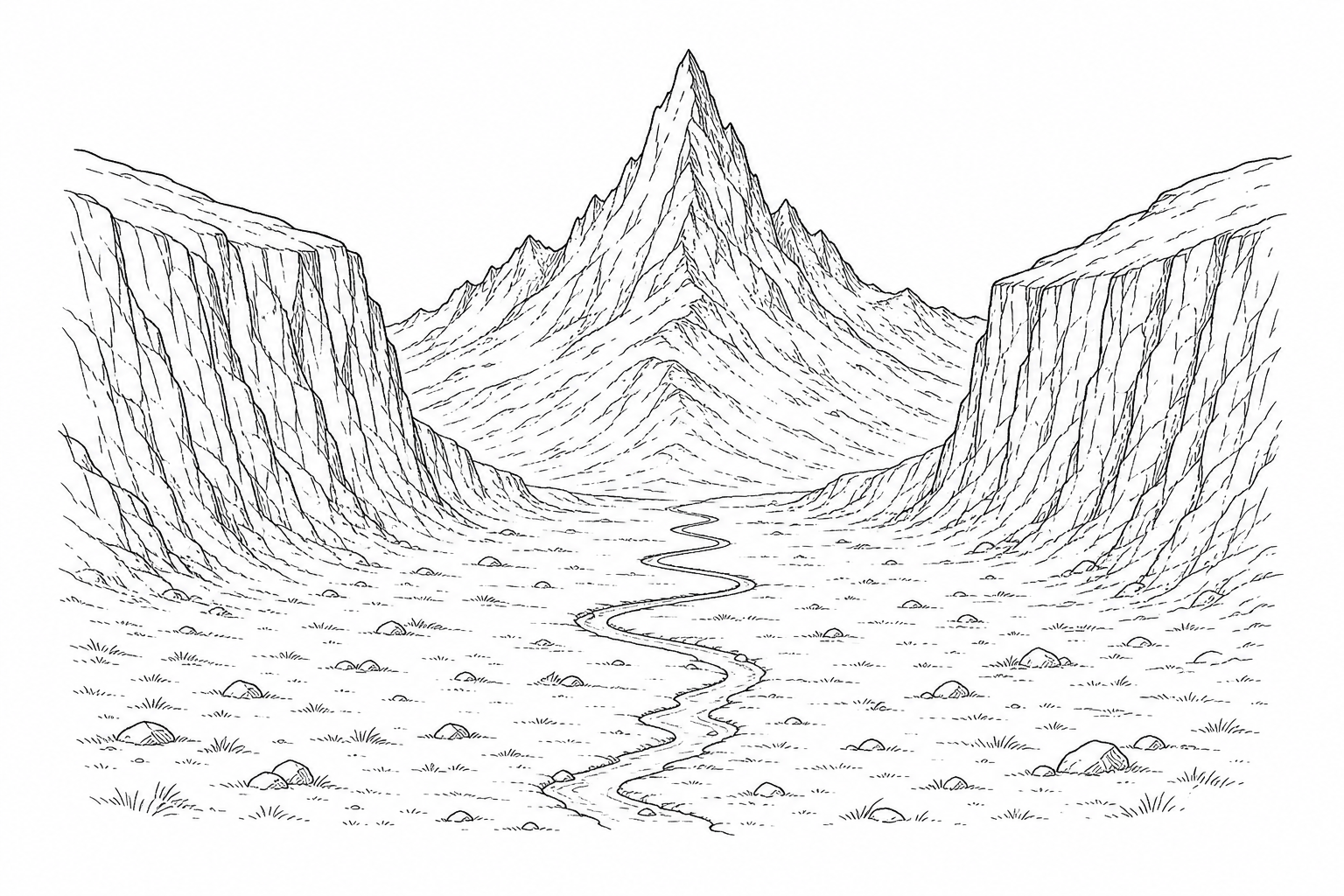 An image showing Glen Coe in the Scottish Highlands. The main feature is a wide, flat-bottomed U-shaped valley with steep, near-vertical rocky sides. A small, narrow stream (misfit stream) winds through the broad valley floor. In the background, a sharp, steep-sided pyramidal peak rises dramatically, with jagged ridges and bare rock faces visible on its slopes.