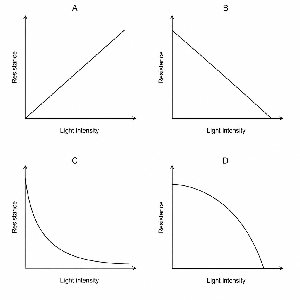 Four graphs showing the relationship between resistance and light intensity.