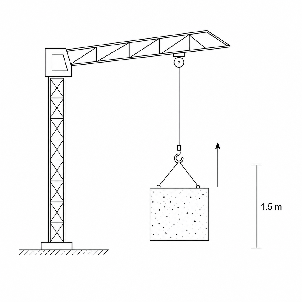 Figure 1: A diagram schematic of a crane lifting a heavy rectangular concrete block vertically upward using a steel cable. The height of the lift is marked as 1.5 m.
