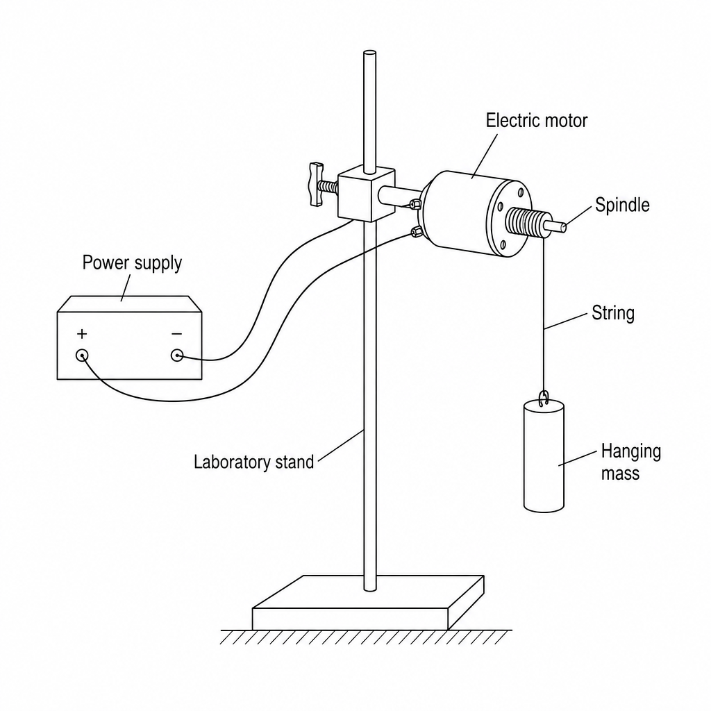 A schematic diagram of the experimental setup showing a small electric motor connected to a power supply, mounted on a laboratory stand. A piece of string is wound around the motor's spindle to lift a hanging mass.