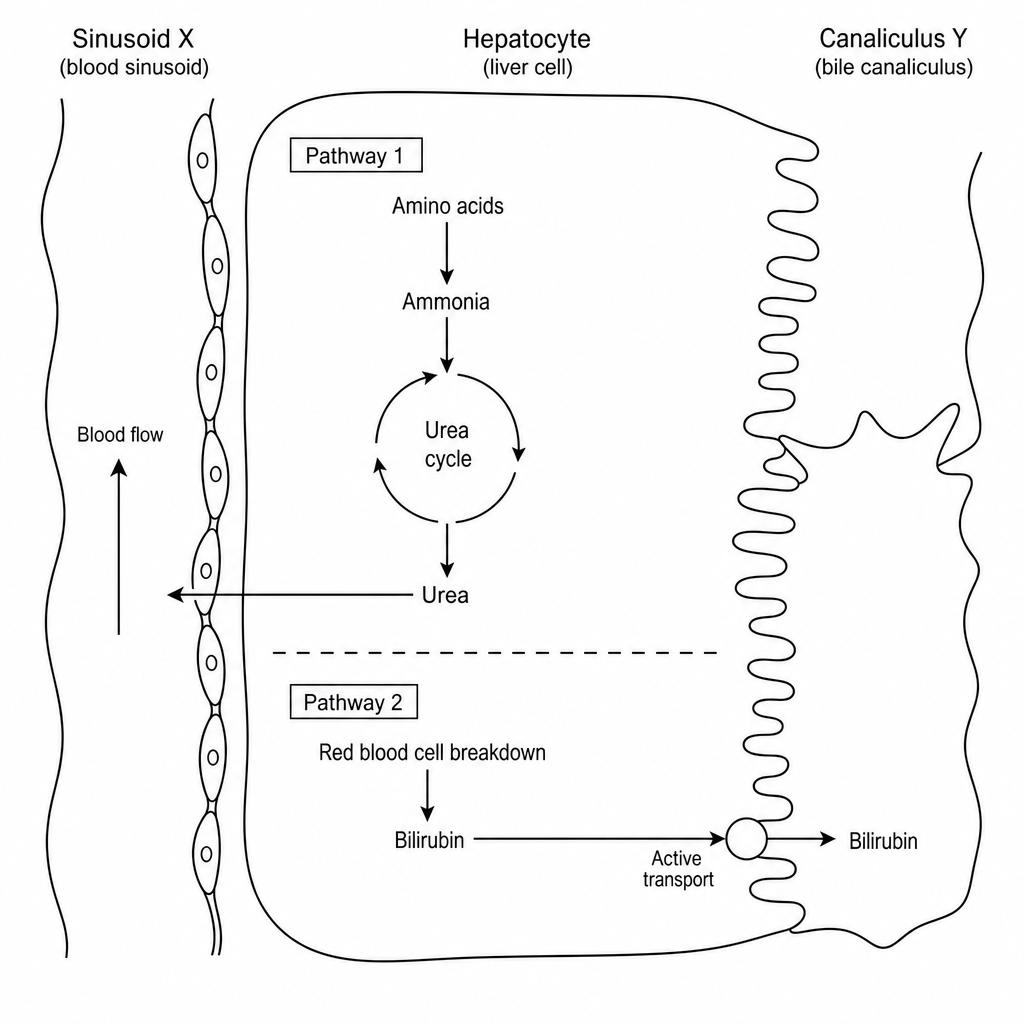 Mammalian hepatocyte diagram showing metabolic pathways