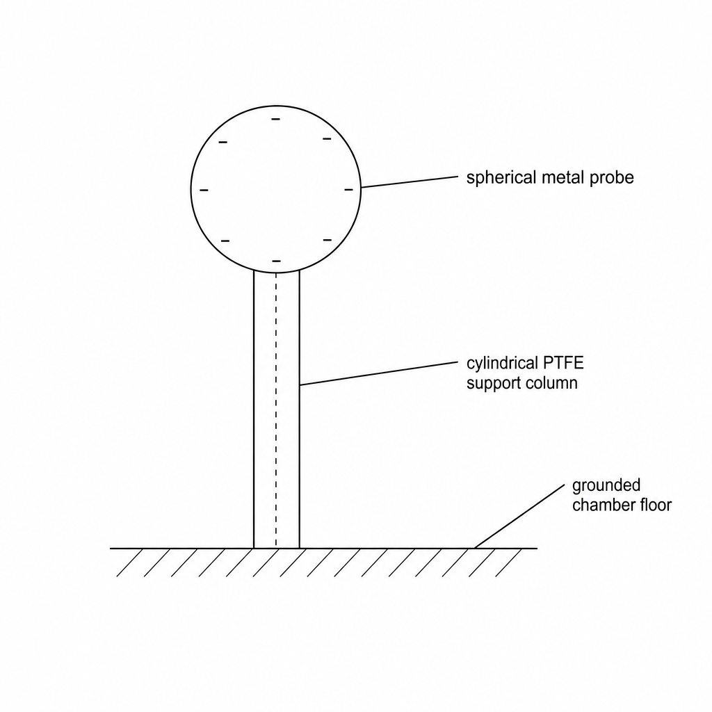 An electrostatic test setup with a spherical metal probe on a cylindrical column inside a vacuum chamber.