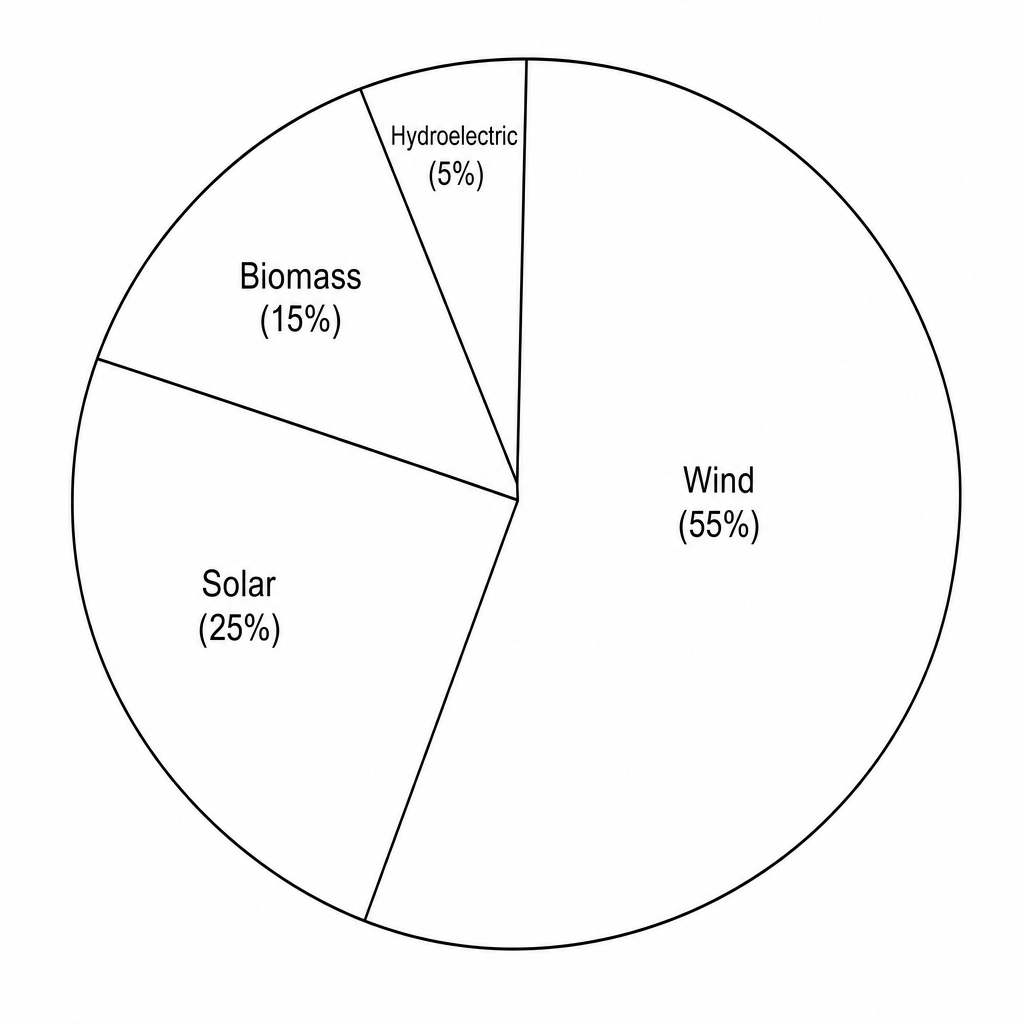 Pie chart showing renewable electricity generation in 2023. Sector sizes: Wind 55%, Solar 25%, Biomass 15%, Hydroelectric 5%.