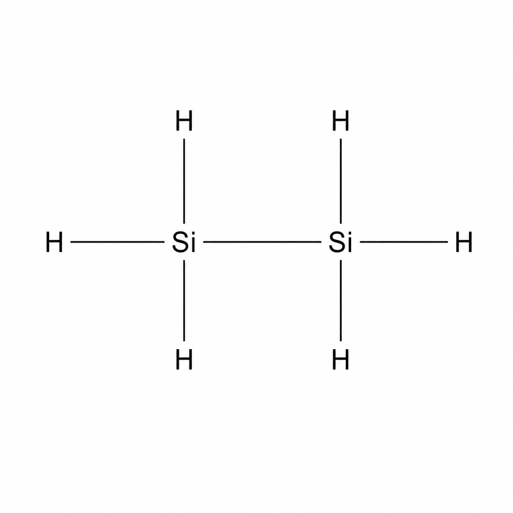 A structural formula of disilane. Two silicon (Si) atoms are bonded together by a single line representing a covalent bond in the center. Each silicon atom is also bonded to three hydrogen (H) atoms via single lines pointing up, down, and outwards horizontally. In total, there are 2 silicon atoms and 6 hydrogen atoms.
