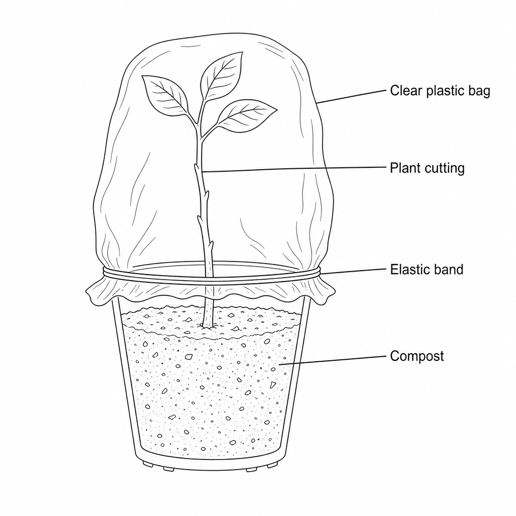 Figure 1: Diagram showing a plant cutting planted in a pot of compost. A clear plastic bag is placed over the cutting and secured with an elastic band. The instructions listed next to the diagram are: 1. Dip the cut stem in rooting hormone powder before planting. 2. Remove the lower leaves to reduce water loss. 3. Keep in a warm, bright place out of direct sunlight.