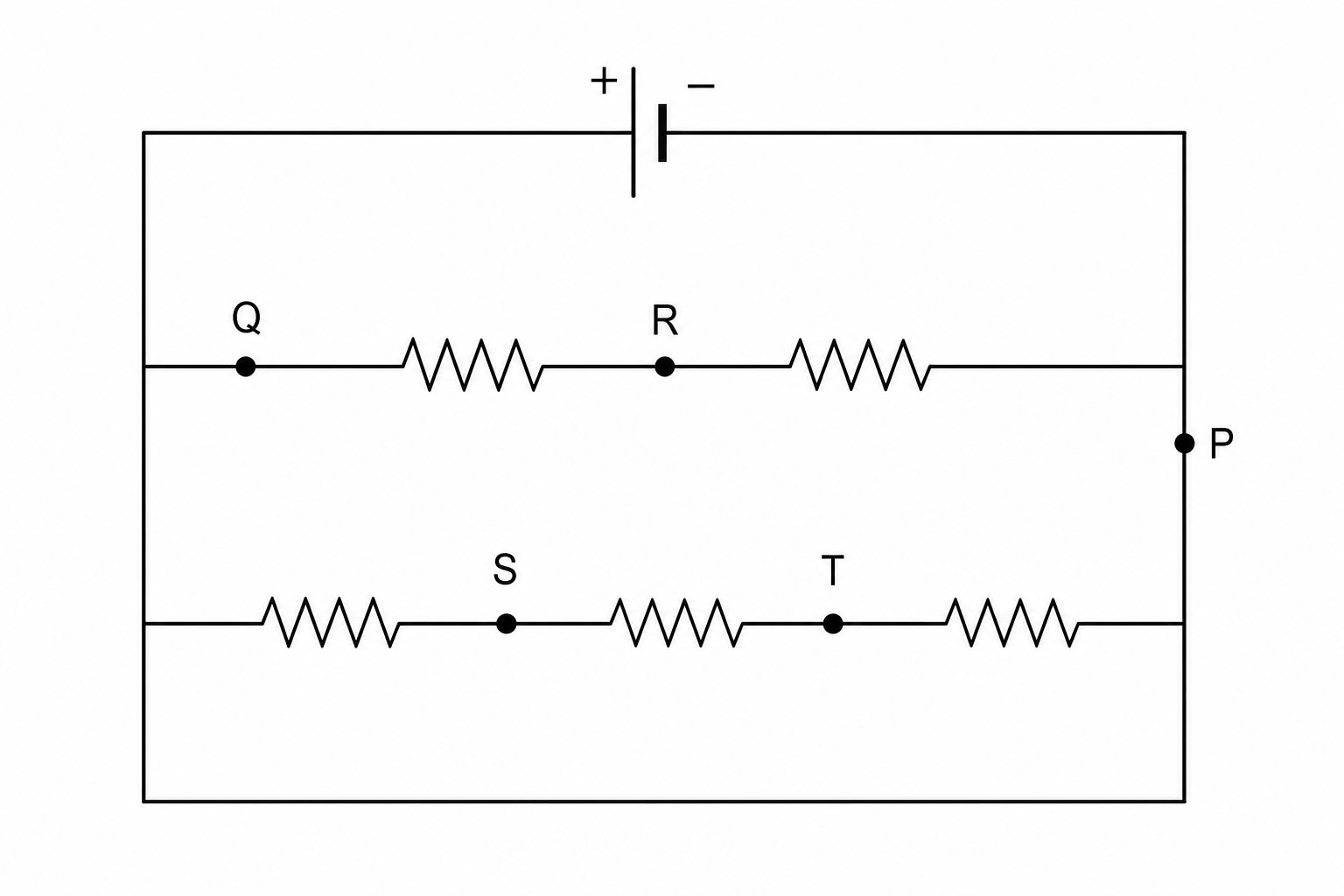 Circuit diagram with five resistors and labeled points P, Q, R, S, and T
