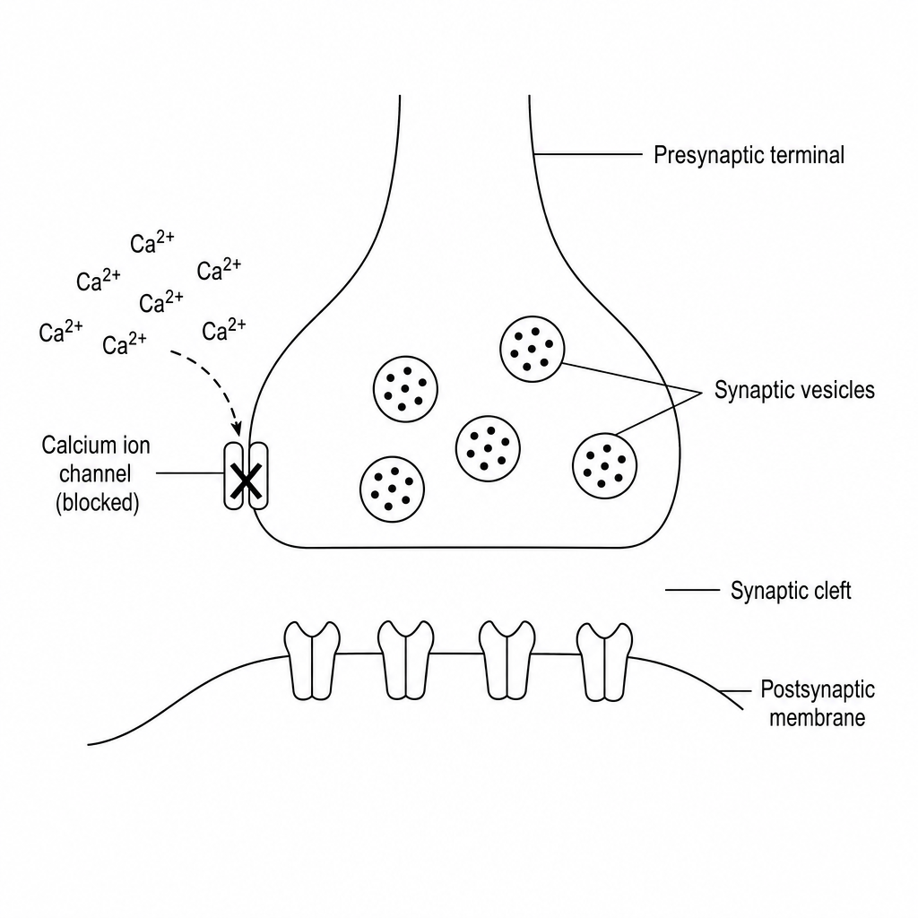 Synapse with blocked calcium channels