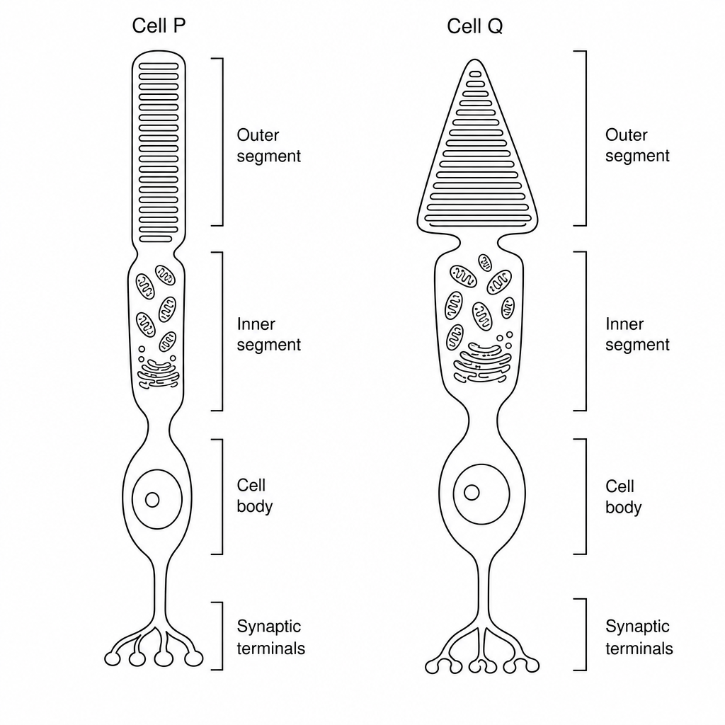Diagram showing two types of light-sensitive cells in the human retina. Cell P is long, thin, and cylindrical with disc-like structures inside its outer segment. Cell Q has a wider, conical outer segment. Both cells contain a nucleus and synaptic terminals.